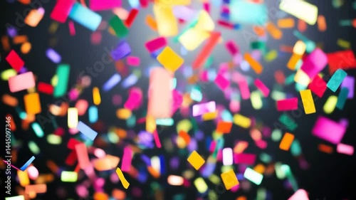 Colorful multicolored confetti pieces falling, scattering dynamically over dark backdrop, generating festive mood and celebratory visual energy and atmosphere. confetti joyous occasion