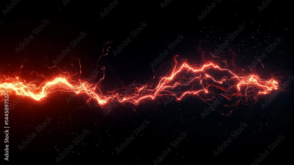 Animated orange plasma thunder lightning luminous energy streaks glowing and moving across dark backdrop, generating dynamic visual effect technological power digital motion graphics.