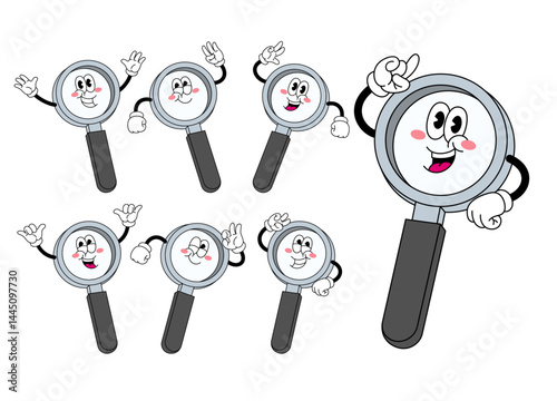 Set of Happy Magnifying Glass Character in Various Pose