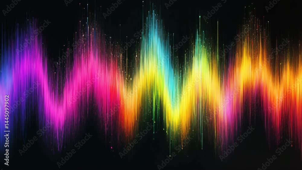 Colorful iridescent multicolor rainbow audio spectrum waveform visualizing sound dynamics on black background, pulsing with vibrant energy and musical acoustic frequency, amplitude representation.
