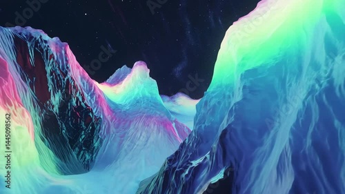 Pov/fpv flight through surreal mountain landscape glowing with ethereal pink, blue, green colors beneath starry night, revealing cosmic beauty of remote wilderness majestic, otherworldly terrain.