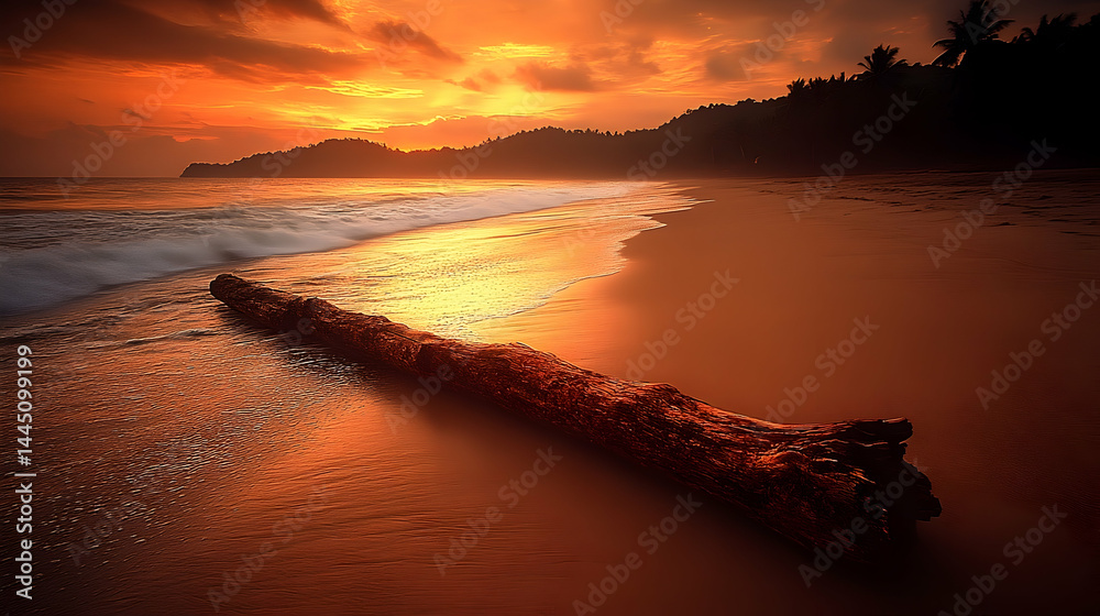 Naklejka premium Fiery Sunset Over Tropical Beach with Driftwood