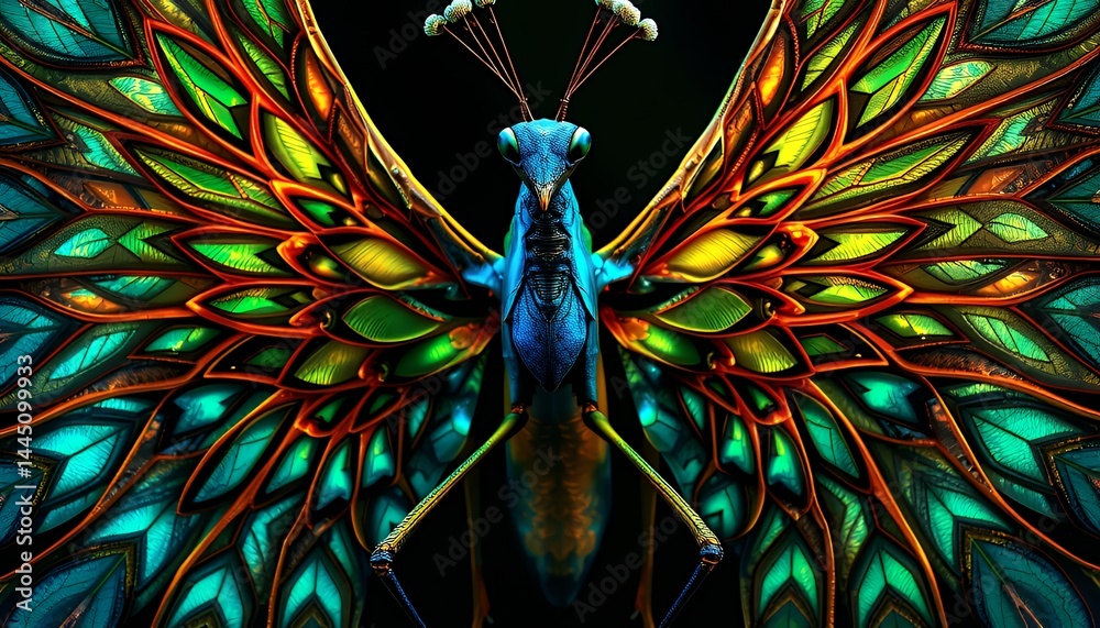 Abstract Symmetrical Peacock Butterfly Hybrid With Intricate Wings In Shades Of Blue Green Yellow And Orange Against A Dark Backdrop Showcasing Creativity And Transformation