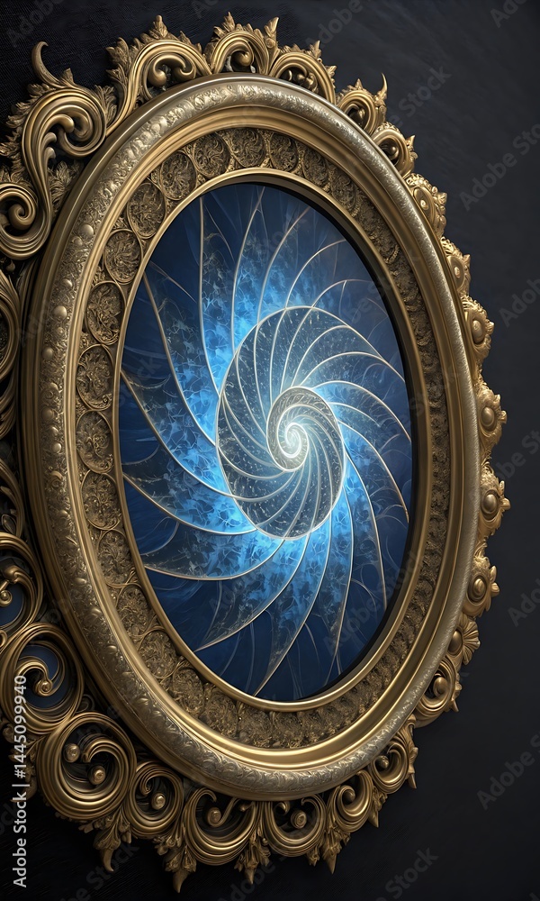 Obraz premium Intricate Time portal: A golden, ornate frame encases a captivating blue fractal spiral, appearing as a portal into another dimension, a fusion of art, structure, and mystique.