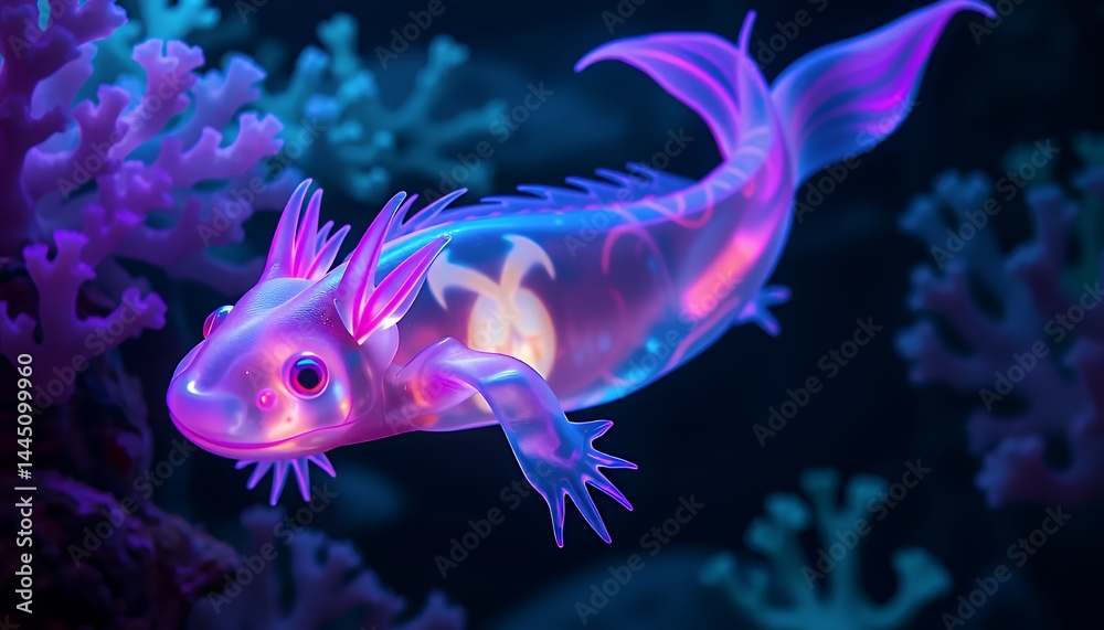 Bioluminescent Axolotl Swimming in Neon Coral Reef with Translucent Body and Vibrant Pink Purple Glow Digital Artwork