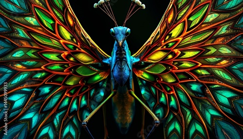 Obraz na płótnie Abstract Symmetrical Peacock Butterfly Hybrid With Intricate Wings In Shades Of Blue Green Yellow And Orange Against A Dark Backdrop Showcasing Creativity And Transformation w salonie
