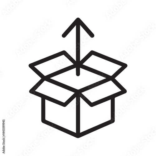 Unboxing Icon: A sleek, minimalist icon depicts an open cardboard box with an upward-pointing arrow, representing the act of unboxing or shipping.