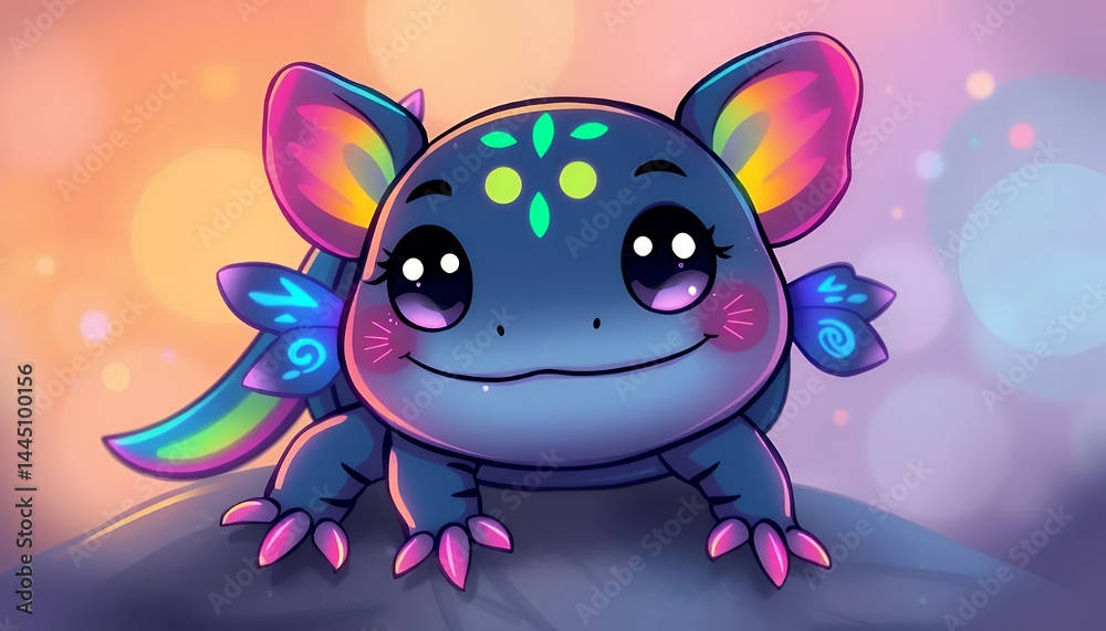 Charming Cartoon Creature with Neon Accents against Bokeh Gradient Background Illustration for Children and Decorative Purposes with Soft Lighting