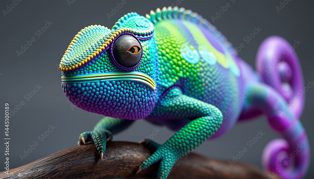 Close Up Chameleon on Branch Displaying Vibrant Blue Green and Purple Skin on Dark Gray Background