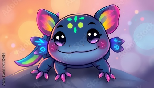 Obraz na płótnie Charming Cartoon Creature with Neon Accents against Bokeh Gradient Background Illustration for Children and Decorative Purposes with Soft Lighting w salonie
