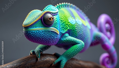 Obraz na płótnie Close Up Chameleon on Branch Displaying Vibrant Blue Green and Purple Skin on Dark Gray Background w salonie