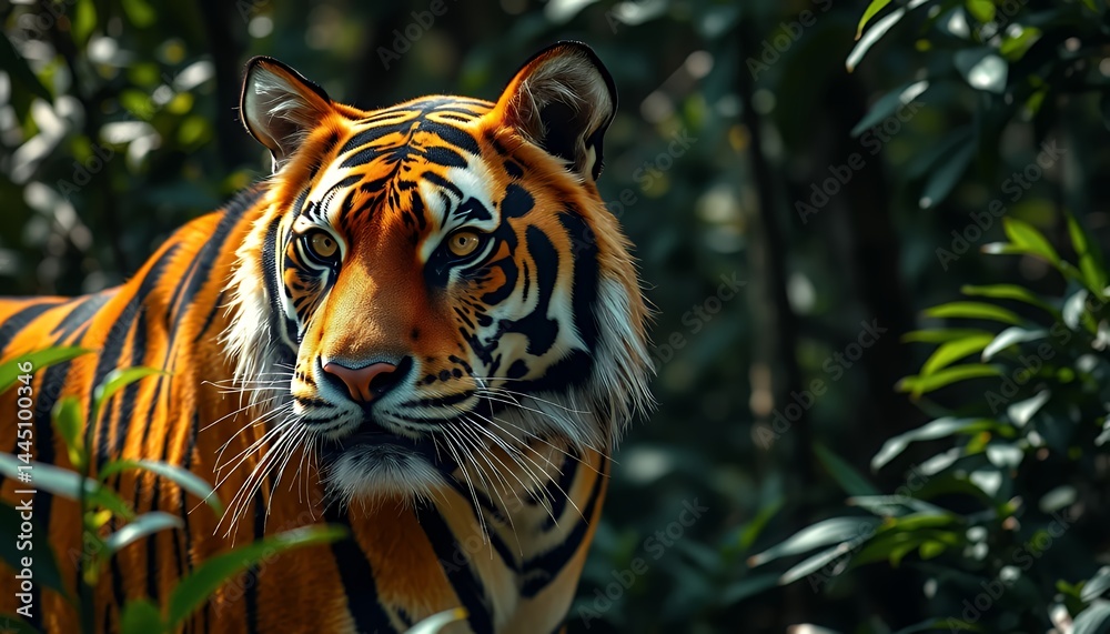 Close-up Portrait of a Bengal Tiger in Lush Green Forest Displaying Striking Orange and Black Fur With an Intense Gaze