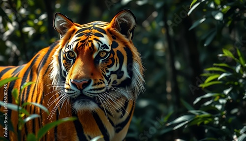 Obraz na płótnie Close-up Portrait of a Bengal Tiger in Lush Green Forest Displaying Striking Orange and Black Fur With an Intense Gaze w salonie