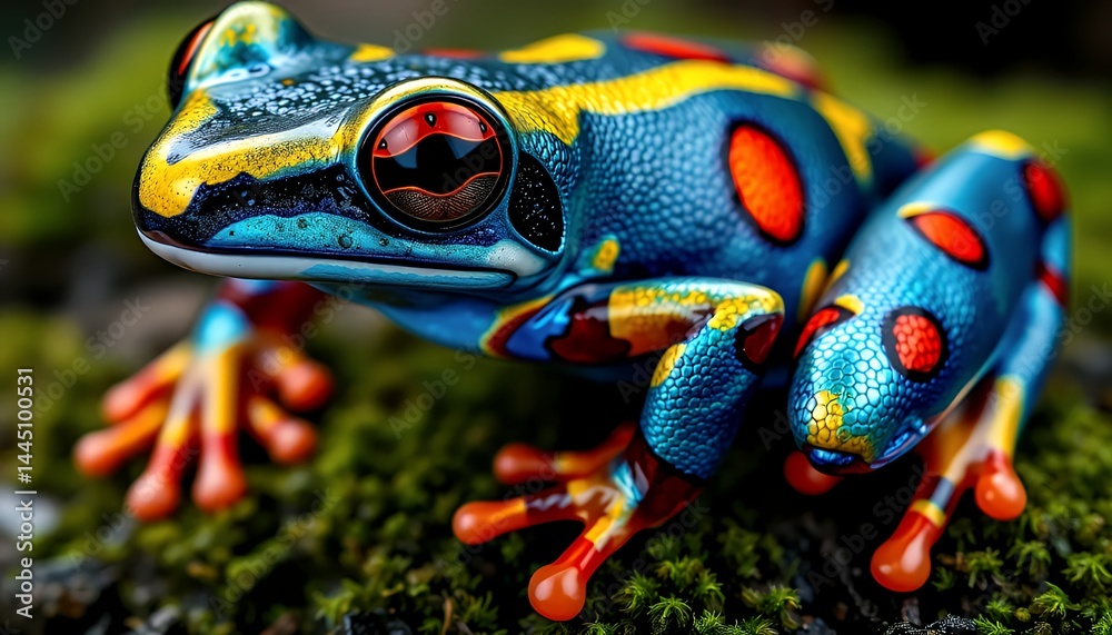 Close Up Vibrant Patterned Frog on Mossy Surface Featuring Blue Yellow and Red Markings Detailed Texture and Exotic Skin