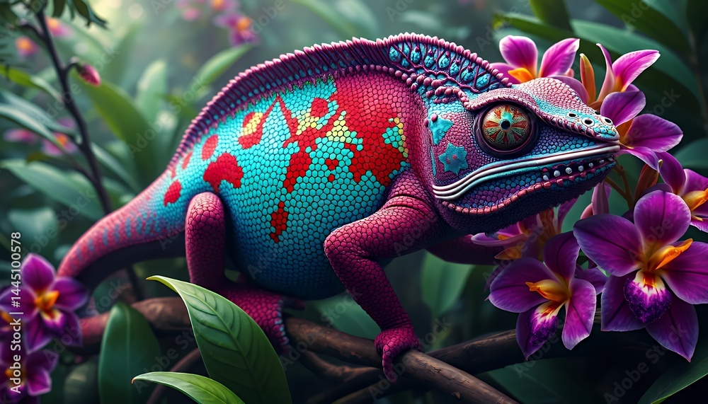Colorful Chameleon on Branch with Purple Orchids Displaying Vibrant Turquoise Red and Pink Pixelated Skin in a Tropical Setting Amidst Lush Greenery