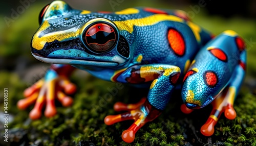 Obraz na płótnie Close Up Vibrant Patterned Frog on Mossy Surface Featuring Blue Yellow and Red Markings Detailed Texture and Exotic Skin w salonie