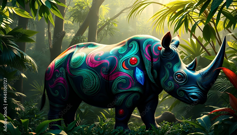 Colorful Pixel Art Rhino in Sunlit Jungle with Intricate Patterns and Lush Greenery Perfect for Decoration with Tropical Theme
