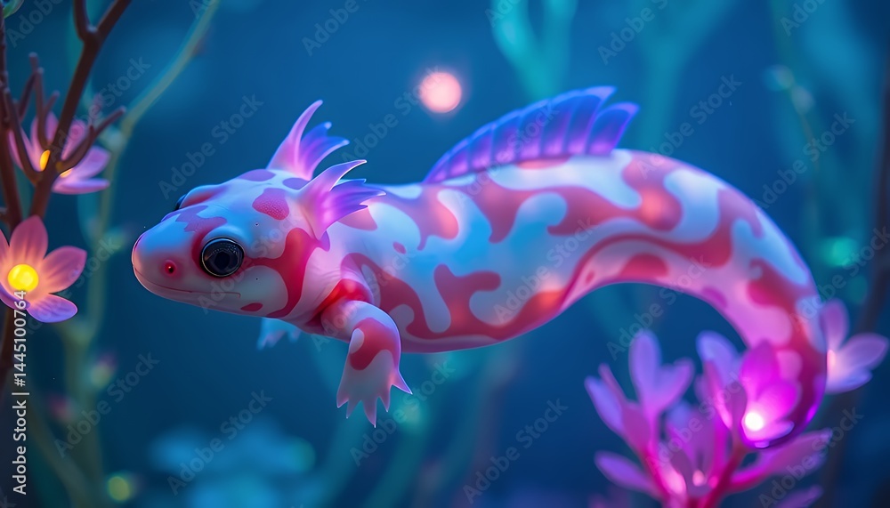 Cute Pink and White Axolotl Swimming in Blue Sea with Coral and Flowers in a Glowing and Dreamy Underwater Scene Designed for Decoration and Earth Day Themes
