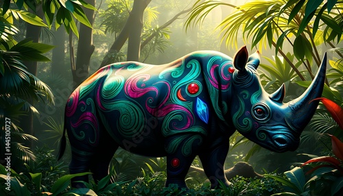 Obraz na płótnie Colorful Pixel Art Rhino in Sunlit Jungle with Intricate Patterns and Lush Greenery Perfect for Decoration with Tropical Theme w salonie
