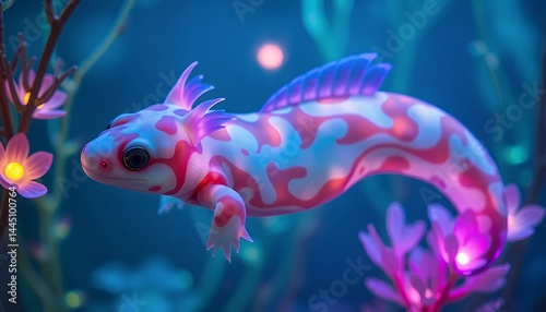 Obraz na płótnie Cute Pink and White Axolotl Swimming in Blue Sea with Coral and Flowers in a Glowing and Dreamy Underwater Scene Designed for Decoration and Earth Day Themes w salonie
