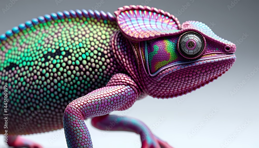 Detailed Close Up of Iridescent Chameleon with Scales Shimmering Pink Teal Purple and Green on Light Grey Background Perfect for Decoration, Adobe Stock Photo