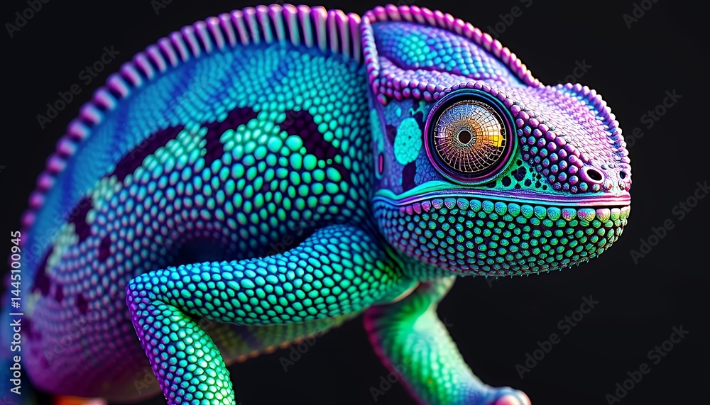 Detailed Close Up Of A Colorful Chameleon With Vibrant Blue Green Purple And Pink Skin And Textured Scales Against A Plain Black Background Displaying Animal Diversity