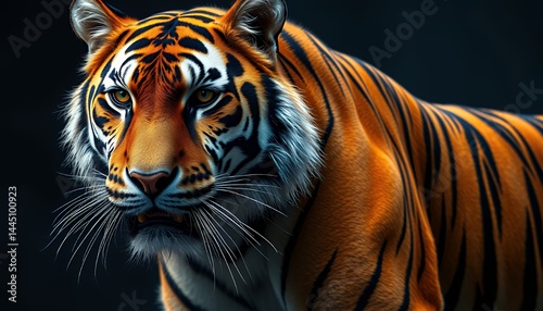 Detailed Close Up of Bengal Tiger Face with Orange and Black Strips, intense gaze and detailed fur against a Dark Background, wildlife portrait and Symbolizing Strength