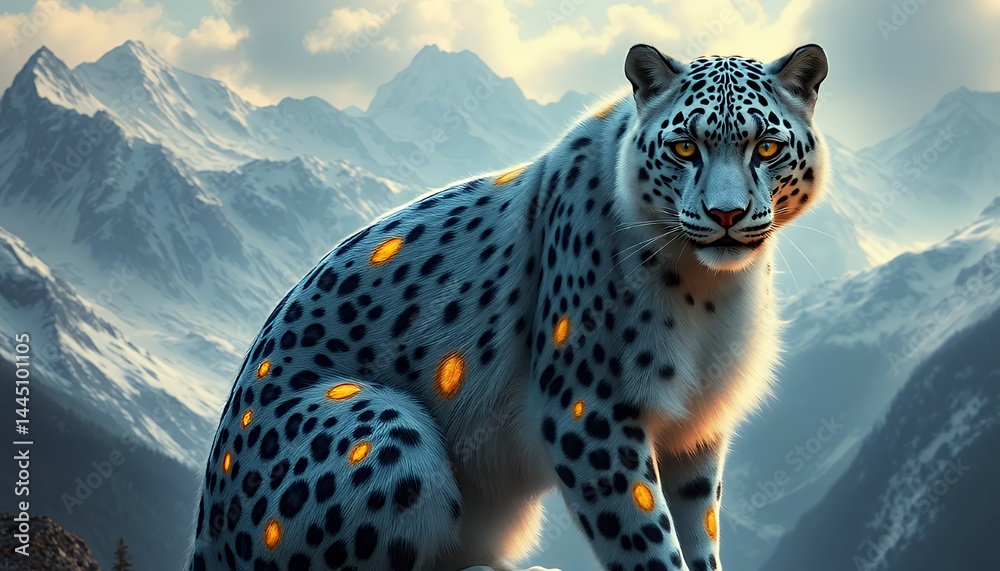 Digitally Rendered Snow Leopard with Orange Spots Against a Mountain Backdrop Depicting Pixelated Fur Detailed Markings with Blue and White Snowy Peaks in the Background