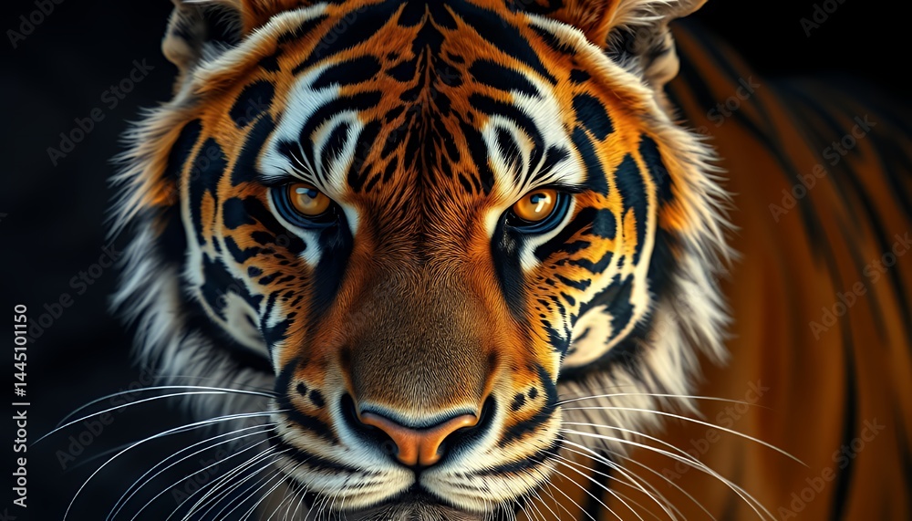 Dramatic Close Up Portrait of a Striking Tiger with Intense Amber Eyes on a Dark Background