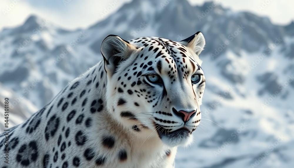 Dramatic Portrait of a Snow Leopard with Blue Eyes and Spotted Fur Against Snowy Mountain Range Background Wildlife Animal Photography