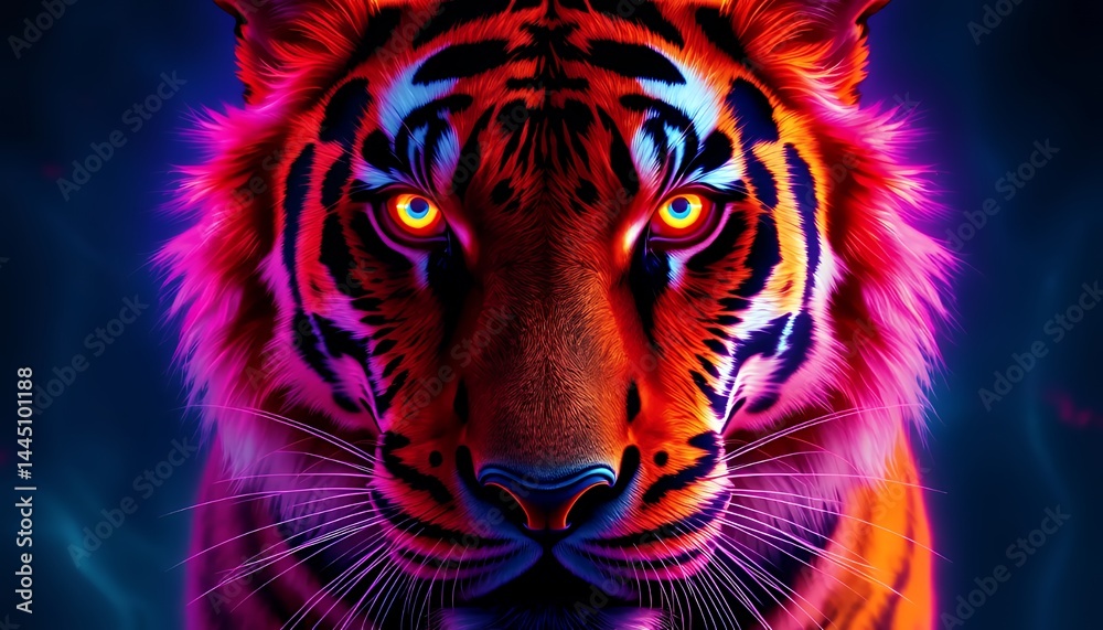 Electric Bengal Tiger Portrait with Neon Colors and Glowing Eyes Isolated on Dark Background For Decoration and Digital Art