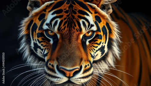 Obraz na płótnie Dramatic Close Up Portrait of a Striking Tiger with Intense Amber Eyes on a Dark Background w salonie