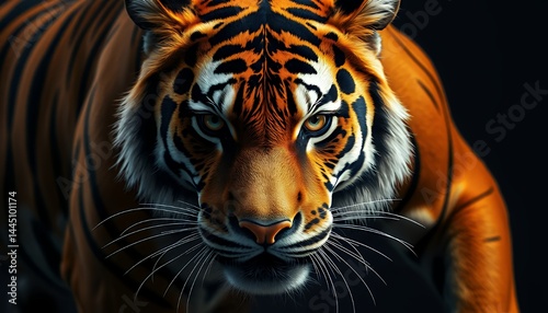 Obraz na płótnie Dramatic Portrait of Bengal Tiger Featuring Detailed Fur Stripes and Intense Gaze on Dark Background Ideal for Decoration Targets World Wildlife Day w salonie