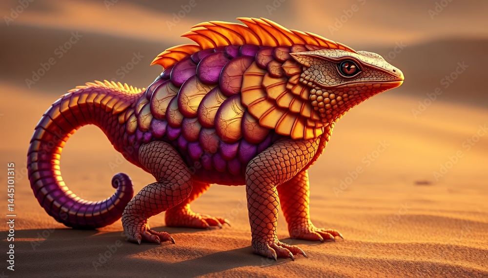Fantasy Desert Reptile with Orange Crest and Pink Scales Standing on Sand in Harsh Sunlight with Pixelated Grainy Effects