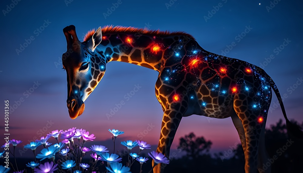Festive Giraffe Adorned with Lights in a Floral Field at Dusk Under Starry Sky with Glowing Red, Blue and White Lights Perfect for Decoration Celebrating Nature and Wildlife