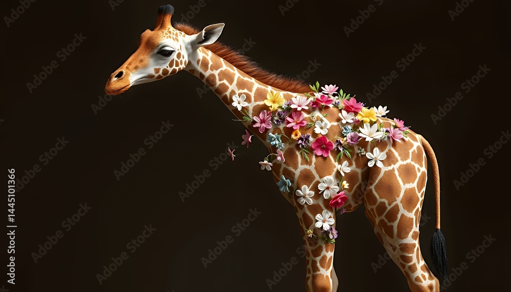 Giraffe Made of Block Bricks Adorned with Colorful Flowers Stands Out Against a Brown Background Perfect for Earth Day and Decorative Purposes