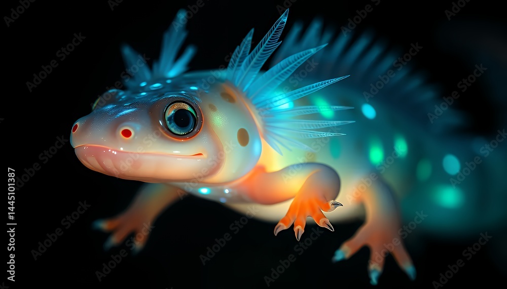 Glow Salamander Featuring Orange Paws with Blue Luminescent Spots and Fins on a Black Background