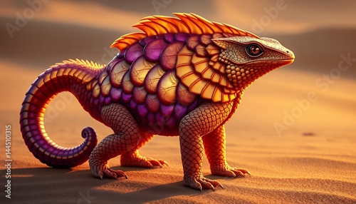 Obraz na płótnie Fantasy Desert Reptile with Orange Crest and Pink Scales Standing on Sand in Harsh Sunlight with Pixelated Grainy Effects w salonie