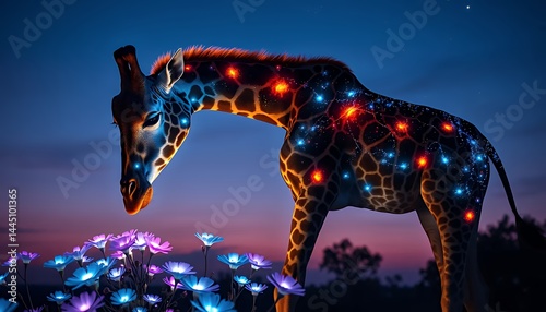 Obraz na płótnie Festive Giraffe Adorned with Lights in a Floral Field at Dusk Under Starry Sky with Glowing Red, Blue and White Lights Perfect for Decoration Celebrating Nature and Wildlife w salonie