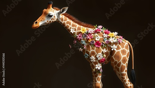 Obraz na płótnie Giraffe Made of Block Bricks Adorned with Colorful Flowers Stands Out Against a Brown Background Perfect for Earth Day and Decorative Purposes w salonie