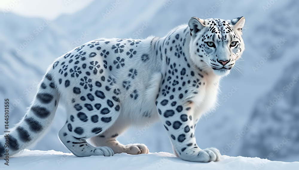 High Angle Majestic Snow Leopard with White and Charcoal Rosettes in Snowy Mountain Habitat with Wild Beauty