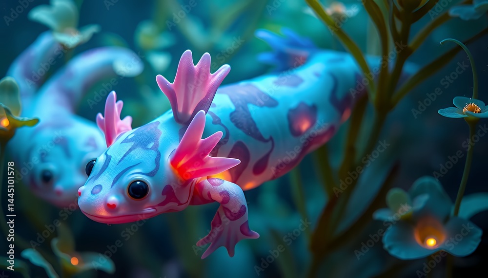 High Angle View of Two Vibrant Pale Blue Axolotls Swimming Among Aquatic Plants with Delicate White Flowers in Blue Water