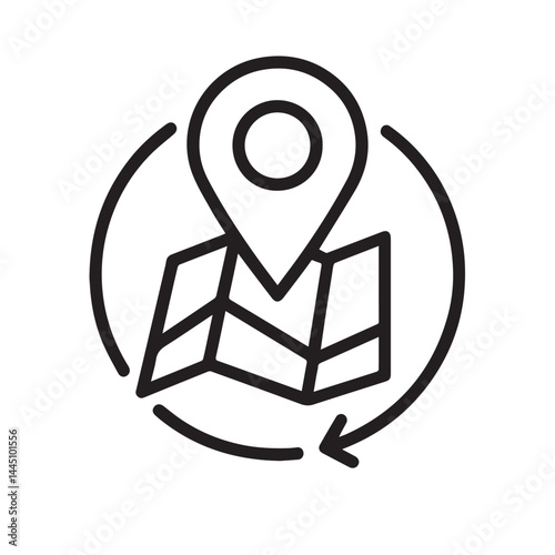 Map Location Icon: A minimalist black and white icon representing a map and location pin, symbolizing navigation, direction, and geographical awareness.