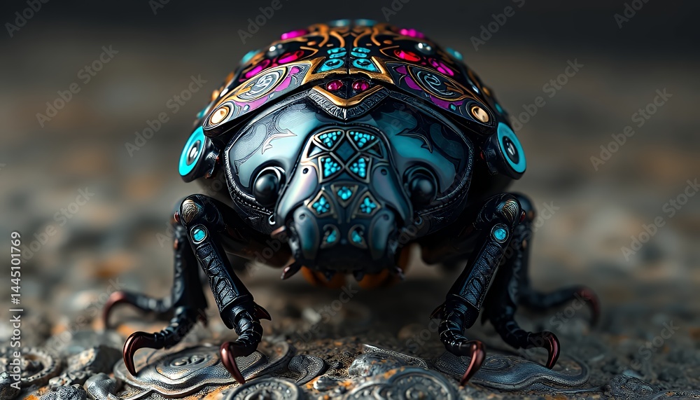 Intricately Decorated Beetle with Vivid Patterns Standing Out on Textured Surface for Decoration and Education Purposes