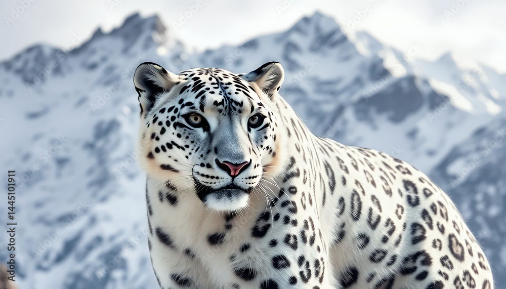 Magnificent Snow Leopard with White and Gray Spotted Fur Standing Proudly in Snowy Mountain Scene Wildlife Photography