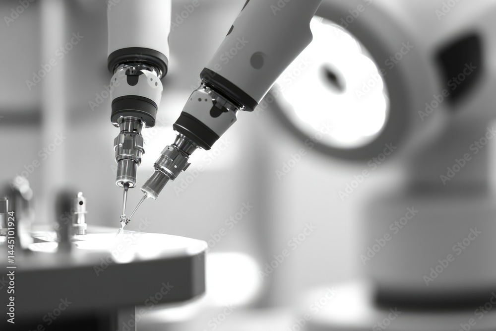 Two robotic arms precisely manipulate tiny components during a high-precision manufacturing process. Two robotic arms precisely manipulate tiny components during a high-precision manufacturing process.