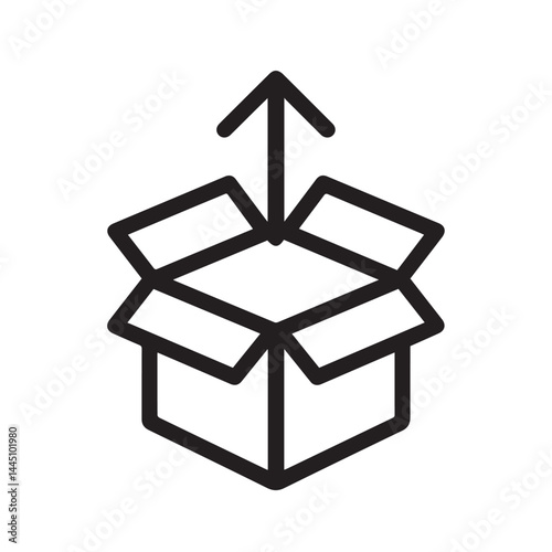 Unboxing Symbol: A clean, modern icon of an open cardboard box with an upward arrow, symbolizing delivery, packaging, or the act of unboxing something.