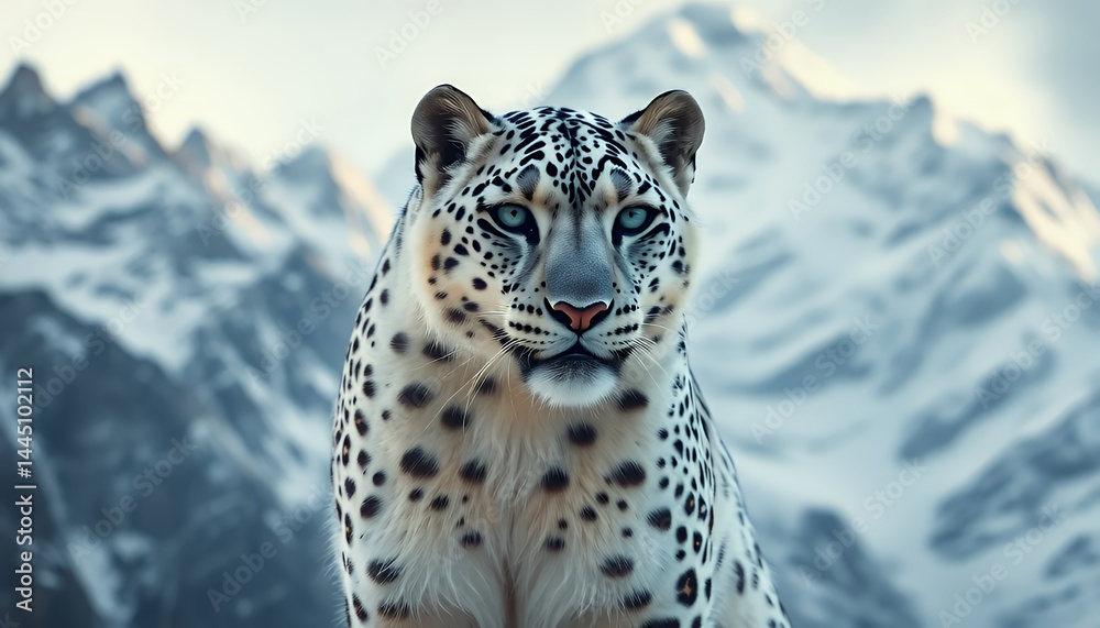 Majestic Snow Leopard Portrait with Snowy Mountain Peaks, Capturing Blue Eyes, and White Fur in Natural Winter Habitat, Promoting Wildlife Conservation and Appreciating Wilderness Beauty