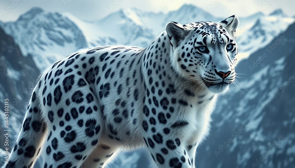 Majestic Snow Leopard Prowling on a Snow Covered Mountain Peak with White and Grey Camouflage against Icy Rock Terrain in a Winter Landscape for Decoration or Conservation Illustration
