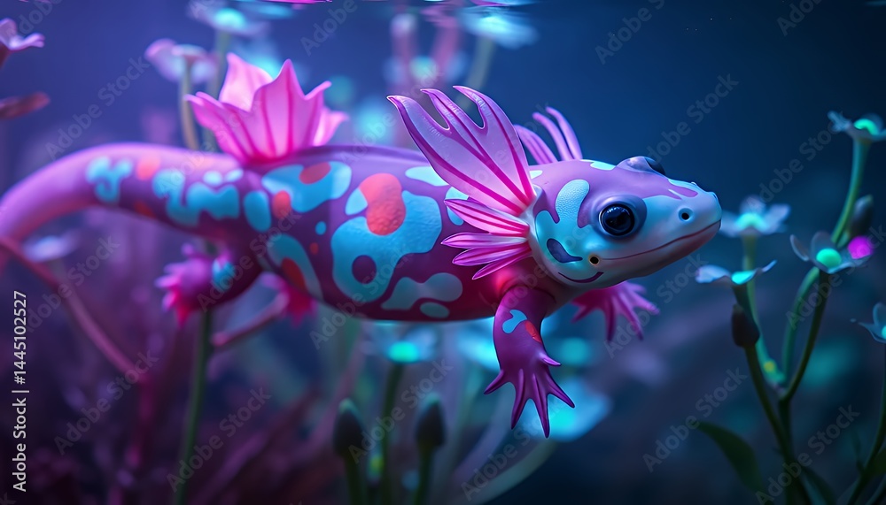 Pink And Blue Spotted Salamander Swimming Among Glowing White Flowers In Fantasy Underwater Digital Art